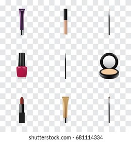 Realistic Eye Paintbrush, Brush, Blusher And Other Vector Elements. Set Of Maquillage Realistic Symbols Also Includes Makeup, Lips, Cover Objects.