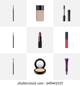 Realistic Eye Paintbrush, Concealer, Contour Style Kit And Other Vector Elements. Set Of Maquillage Realistic Symbols Also Includes Cosmetics, Mascara, Concealer Objects.