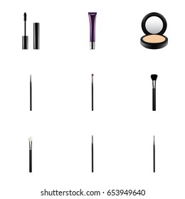 Realistic Eye Paintbrush, Cosmetic Stick, Day Creme And Other Vector Elements. Set Of Greasepaint Realistic Symbols Also Includes Collagen, Mascara, Makeup Objects.