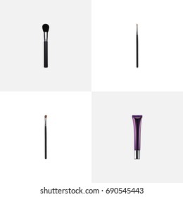 Realistic Eye Paintbrush, Day Creme, Beauty Accessory And Other Vector Elements. Set Of Cosmetics Realistic Symbols Also Includes Powder, Collagen, Lips Objects.