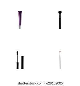 Realistic Eye Paintbrush, Eyelashes Ink, Day Creme And Other Vector Elements. Set Of Maquillage Realistic Symbols Also Includes Tassel, Highlight, Eye Objects.