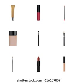 Realistic Eye Paintbrush, Liquid Lipstick, Make-Up Product And Other Vector Elements. Set Of Maquillage Realistic Symbols Also Includes Blush, Cosmetics, Contour Objects.