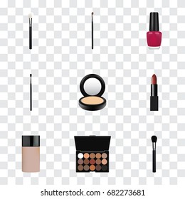 Realistic Eye Paintbrush, Powder Blush, Beauty Accessory And Other Vector Elements. Set Of Cosmetics Realistic Symbols Also Includes Lipstick, Face, Brush Objects.