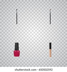 Realistic Eye Paintbrush, Varnish, Make-Up Product And Other Vector Elements. Set Of Maquillage Realistic Symbols Also Includes Cover, Polish, Brow Objects.