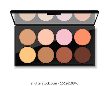 Paquete de sombra visual realista, paleta de embalaje maquillaje, diseño 3d cosméticos elegante, vector
