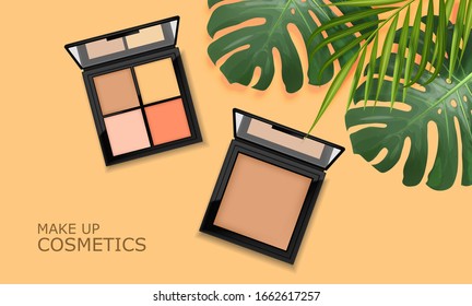 Realistic eye shadow package, make up packaging palette, 3d cosmetics elegant design, graphic banner with tropical leaves vector