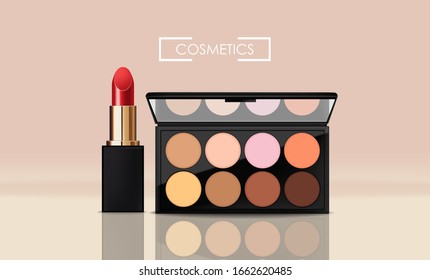 Realistic eye shadow package and red lipstick, make up packaging palette, 3d cosmetics elegant design, graphic banner vector