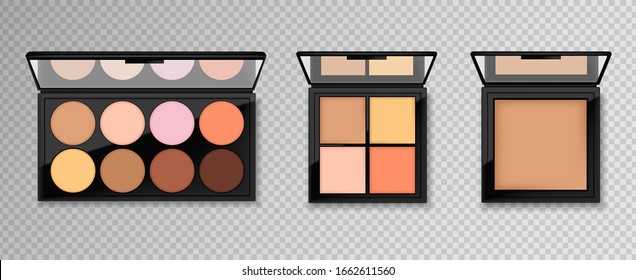 Realistic eye shadow package set isolated, make up packaging palette, 3d cosmetics elegant design, vector