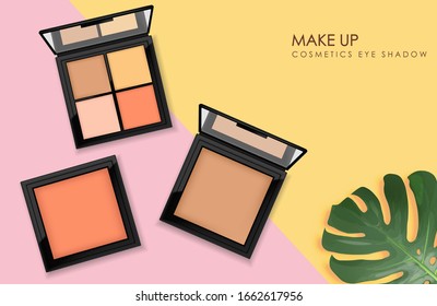 Realistic eye shadow package set, make up packaging palette, 3d cosmetics elegant design, graphic banner with tropical leaves vector