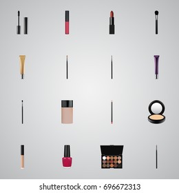 Realistic Eyelashes Ink, Contour Style Kit, Beauty Accessory And Other Vector Elements. Set Of Cosmetics Realistic Symbols Also Includes Palette, Cosmetic, Cosmetics Objects.