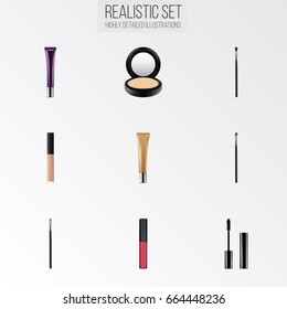 Realistic Eyelashes Ink, Cover, Liquid Lipstick And Other Vector Elements. Set Of Cosmetics Realistic Symbols Also Includes Creme, Lipstick, Eyelashes Objects.