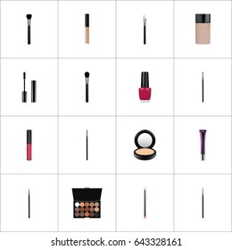 Realistic Eyelashes Ink, Multicolored Palette, Varnish And Other Vector Elements. Set Of Maquillage Realistic Symbols Also Includes Skincare, Stick, Highlight Objects.