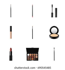 Realistic Eyelashes Ink, Multicolored Palette, Make-Up Product And Other Vector Elements. Set Of Maquillage Realistic Symbols Also Includes Pencil, Cosmetic, Makeup Objects.