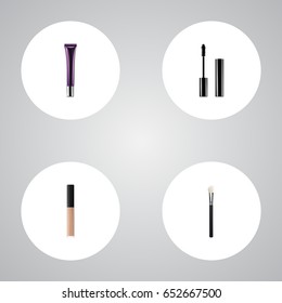 Realistic Eyelashes Ink, Powder Blush, Cover And Other Vector Elements. Set Of Maquillage Realistic Symbols Also Includes Ink, Mascara, Blush Objects.