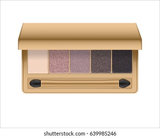 Realistic eyeshadow palette with brush. Package with eye shadow for nude makeup: shiny nature colors. Containers of cosmetic product for beauty eyes. Vector illustration isolated on white background.