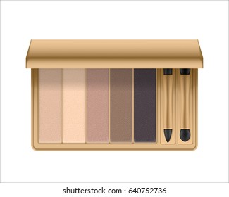 Realistic eyeshadow palette with brush. Package with eye shadow for nude makeup: shiny nature colors. Containers of cosmetic product for beauty eyes. Vector illustration isolated on white background.