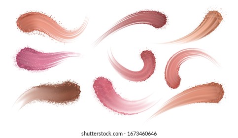 Realistic Eyeshadow Powder. Makeup Blush And Eye Shadow, Cosmetic Stroke Texture, Swatch Trace Samples. Vector Dry Powder Sample Set, How Touch Smear Shadow To Eyes