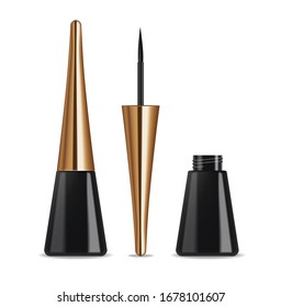 Realistic eyliner vector, make up product, eye cosmetics isolated, black and gold design, 3d tube cosmetics, illustration