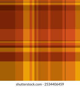 Realistic fabric texture vector, postcard seamless pattern textile. Robe check background plaid tartan in orange and bright colors palette.