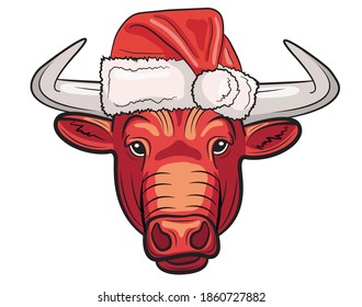 Realistic face of a bull in a cap of Santa Claus in isolate on a white background. Vector illustration.