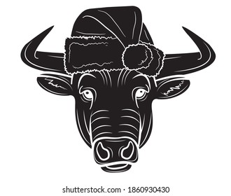 Realistic face of a bull in a cap of Santa Claus in isolate on a white background. Vector illustration.