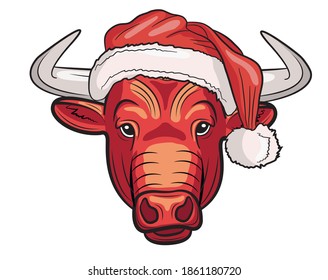 Realistic face of a bull in a cap of Santa Claus in isolate on a white background. Vector illustration.