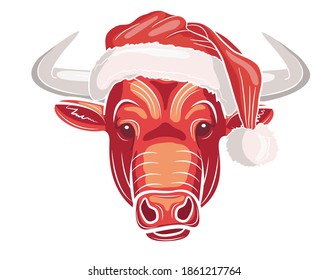 Realistic face of a bull in a cap of Santa Claus in isolate on a white background. Vector illustration.