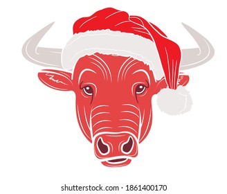 Realistic face of a bull in a cap of Santa Claus in isolate on a white background. Vector illustration.