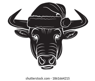 Realistic face of a bull in a cap of Santa Claus in isolate on a white background. Vector illustration.