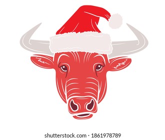 Realistic face of a bull in a cap of Santa Claus in isolate on a white background. Vector illustration.