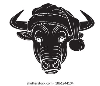 Realistic face of a bull in a Santa Claus cap in isolated on a white background. Vector illustration.