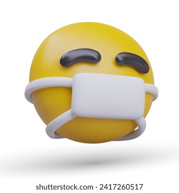 Realistic face with closed eyes and white mask. Concept of sickness and disease. Yellow emoji for social media. Vector illustration in 3d style with shadow