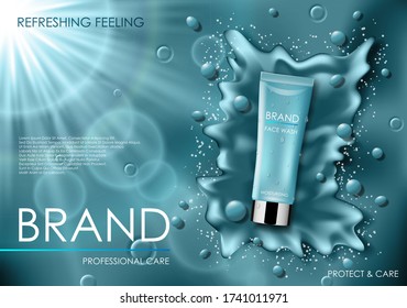 Realistic face cosmetic moisture serum ads. Cosmetic cleansing product with splash background with drops. Skincare Facial Cream For your design. 3d Vector illustration