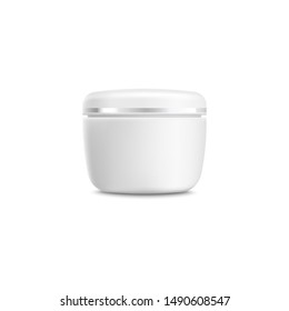 Realistic face cream container mockup - blank isolated branding template of white and silver plastic cosmetic jar, beauty product with empty packaging. Vector illustration