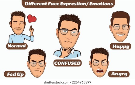 Realistic Face expressions of a man, Different male emotions set. Attractive cartoon character. Vector illustration isolated on white background