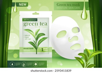 Realistic face mask or facial cosmetic brand template. Vector 3d wrapper for tea moisturizer with natural ingredients. Herbal liquid for skin and body, health care. Cleaning liquid. Dermatology.