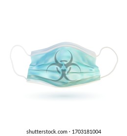 Realistic face mask isolated on white background with biohazard symbol. Vector illustration.