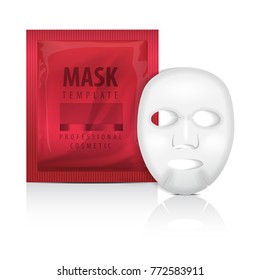 Realistic facial sheet mask and red sachet. Blank vector mock up template. Beauty product packaging for your design