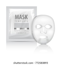 Realistic facial sheet mask and sachet. Blank vector mock up template. Beauty product packaging on white background for your design