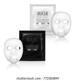 Realistic facial sheet mask and sachet. Vector mock up template. Beauty product packaging on white background for your design