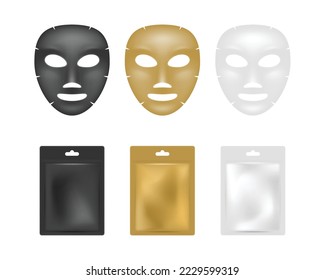 Realistic facial sheet masks set. Face masks and sachet package mockup set isolated on white background. Black, golden and silver packs with cosmetics. Beauty product packaging. Vector illustration