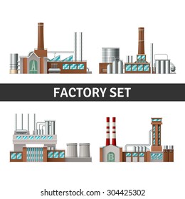 Realistic factory building set with chimneys windows and power isolated vector illustration 