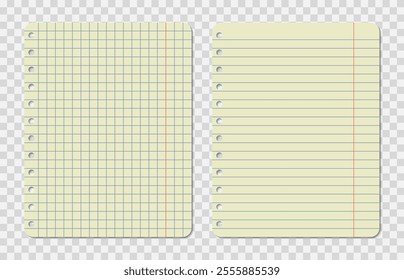 Realistic faded lined blank notebook page with shadow on isolated background. Striped and checkered paper sheets. Homework and exercise notebook.