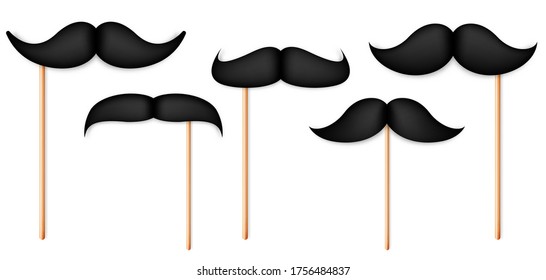 Realistic fake mustache on a stick. Vintage paper mustache collection. Vector illustration.