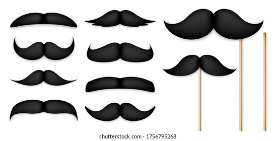 Realistic fake mustache on a stick. Vintage paper mustache collection. Vector illustration.