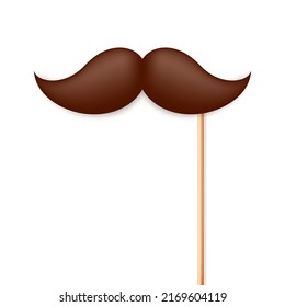 Realistic fake mustache on a wooden stick. Vintage paper mustache for carnival or holiday. Brown facial hair, hipster beard. Vector illustration