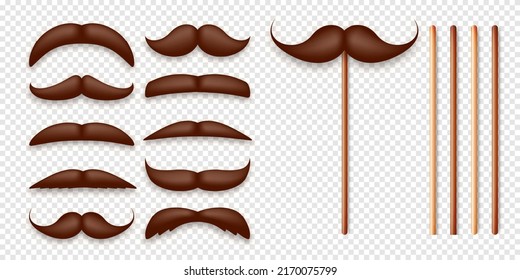 Realistic fake mustache on a wooden stick. Vintage paper mustache for carnival or holiday. Various brown facial hair, fashionable hipster beard. Vector illustration