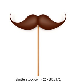 Realistic fake mustache on a wooden stick. Vintage paper mustache for carnival or holiday. Brown facial hair, hipster beard. Vector illustration