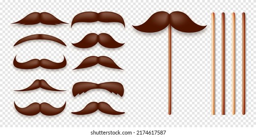 Realistic fake mustache on a wooden stick. Vintage paper mustache for carnival or holiday. Various brown facial hair, fashionable hipster beard. Vector illustration