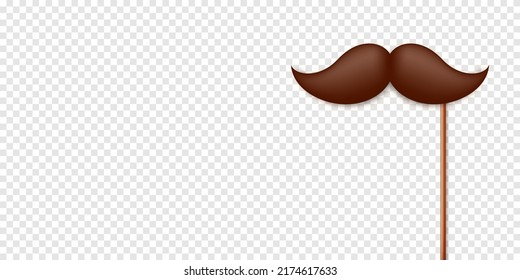 Realistic fake mustache on a wooden stick. Vintage paper mustache for carnival or holiday. Brown facial hair, hipster beard. Vector illustration